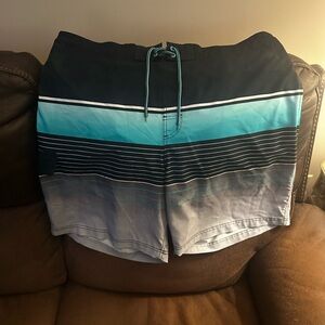 George Men's Black and Blue Striped Swim Shorts